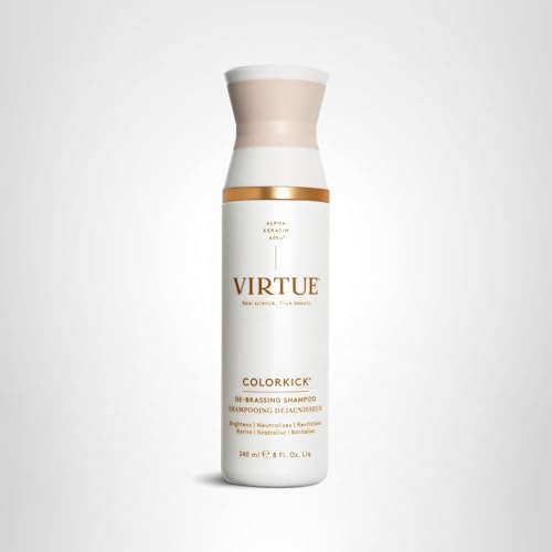 VIRTUE De-Brassing Shampoo bottle with usage information visible.