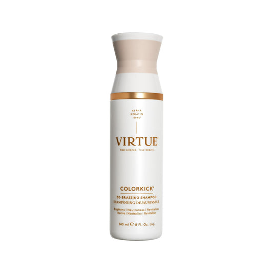 VIRTUE De-Brassing Shampoo bottle front with violet tint for color toning.