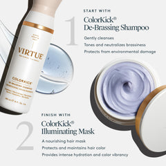 VIRTUE De-Brassing Shampoo bottle back demonstrates color-toning action.