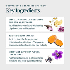 VIRTUE De-Brassing Shampoo violet tint balances brassy tones on hair.