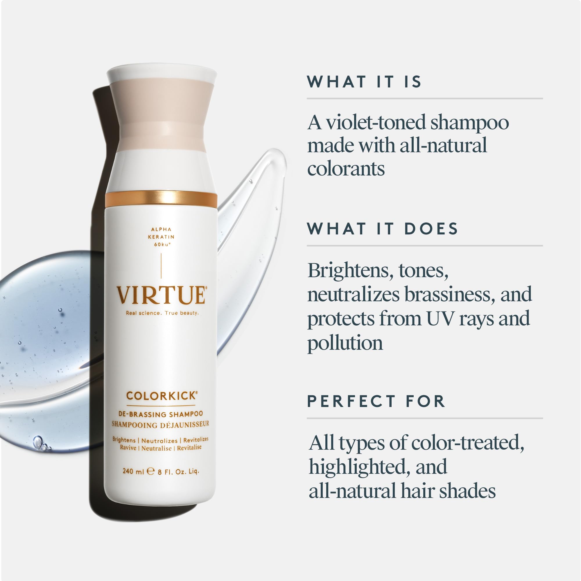 VIRTUE De-Brassing Shampoo lather on wet hair shows gentle cleansing.