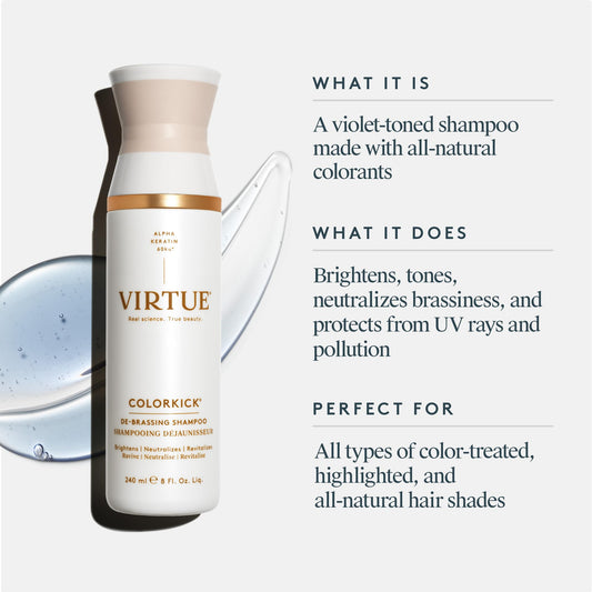 VIRTUE De-Brassing Shampoo lather on wet hair shows gentle cleansing.