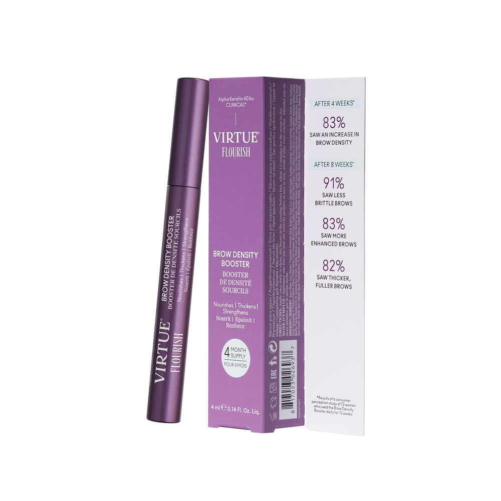 Virtue Flourish Brow Density Serum bottle designed for fragrance-free daily use.
