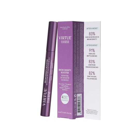 Virtue Flourish Brow Density Serum bottle designed for fragrance-free daily use.