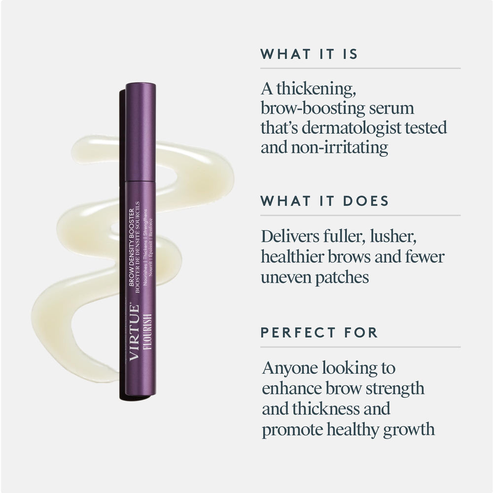 Virtue Flourish Brow Density Serum pump shown for precise application.