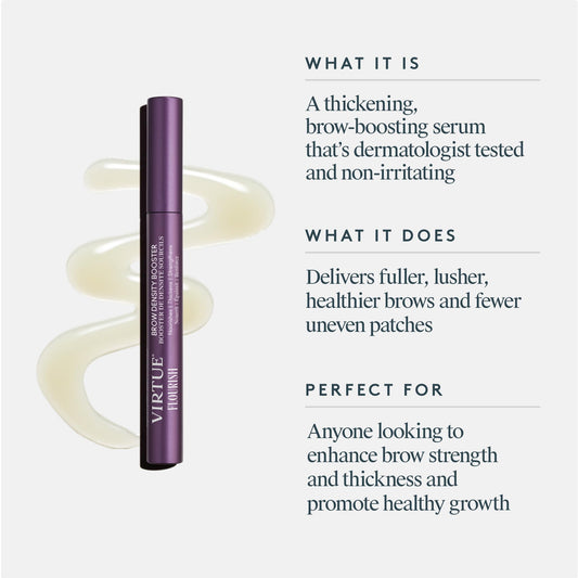 Virtue Flourish Brow Density Serum pump shown for precise application.