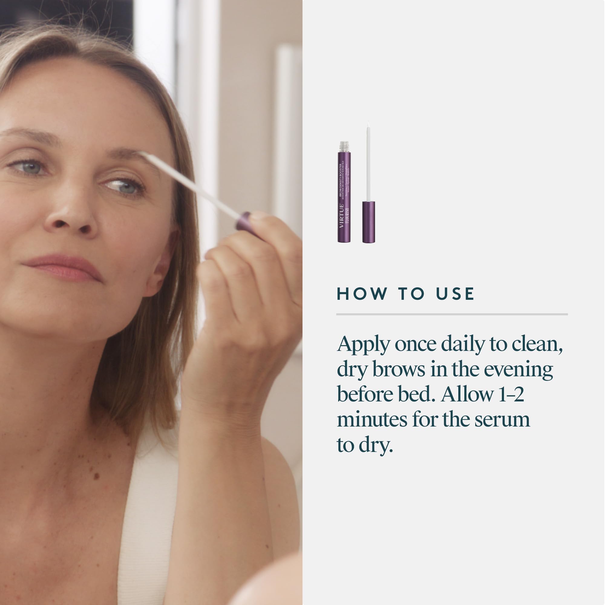 Close-up of brows with Virtue Flourish Brow Serum for potential fullness.