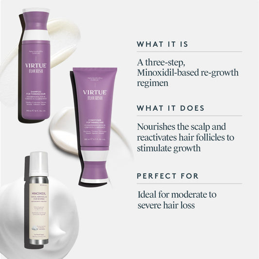Virtue Flourish conditioner bottle for thinning hair, smooths strands while nourishing scalp.
