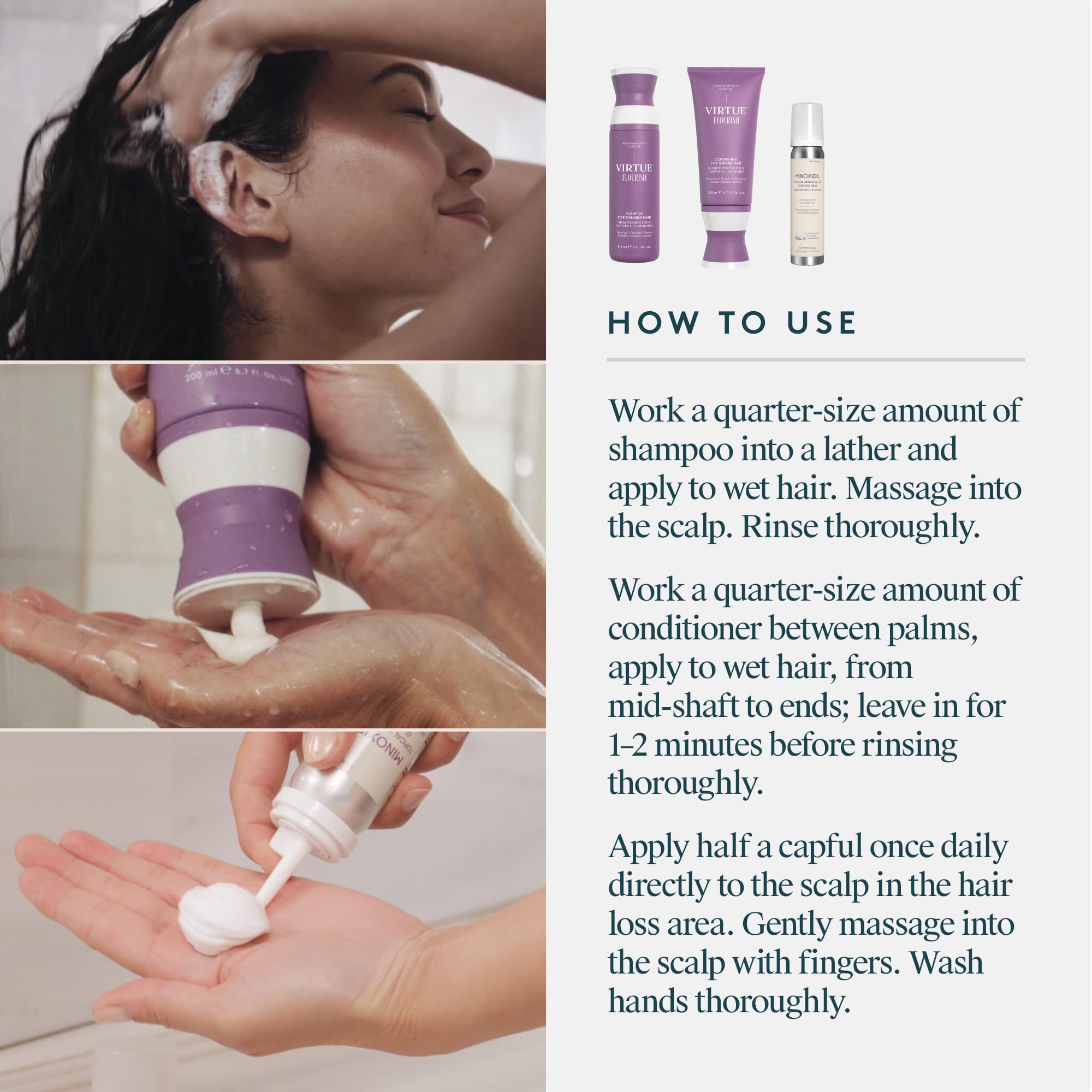 Virtue Flourish fragrance near products, herbal citrus scent evokes spa experience.