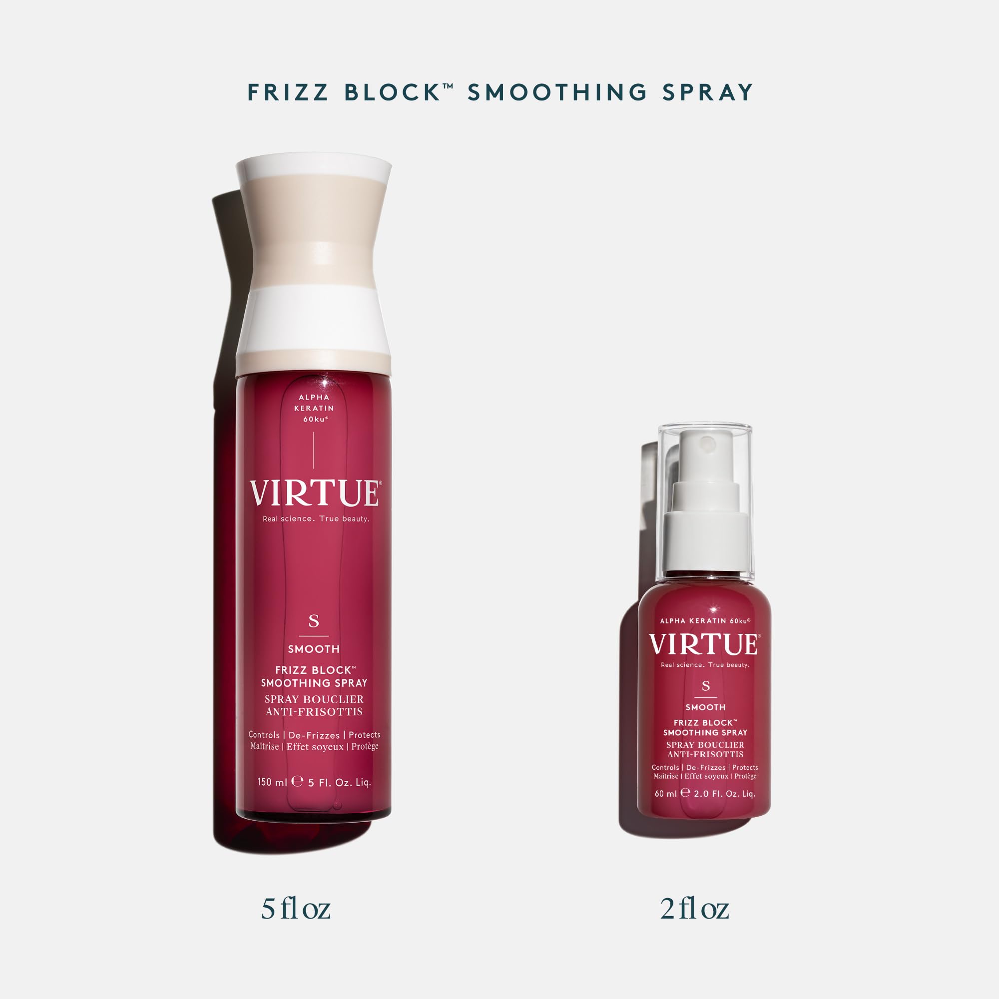 Color-safe VIRTUE Frizz Block Spray supports vibrant color-treated hair