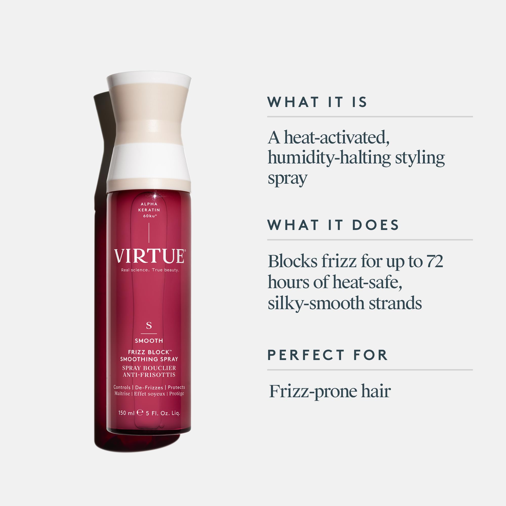 Hands applying VIRTUE Frizz Block Spray for smooth, frizz-free styling