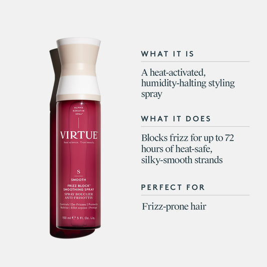 Hands applying VIRTUE Frizz Block Spray for smooth, frizz-free styling