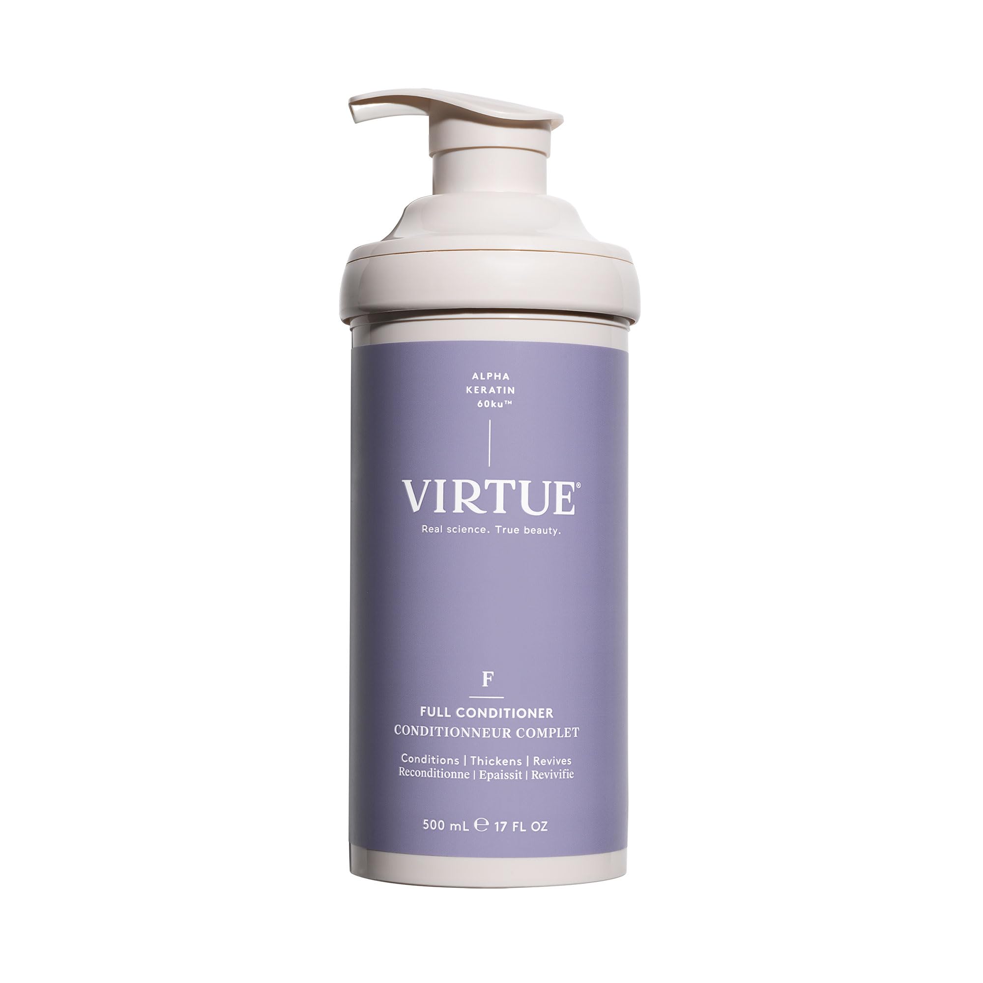 VIRTUE Full Volumizing Conditioner bottle pouring for lightweight lift on fine hair.