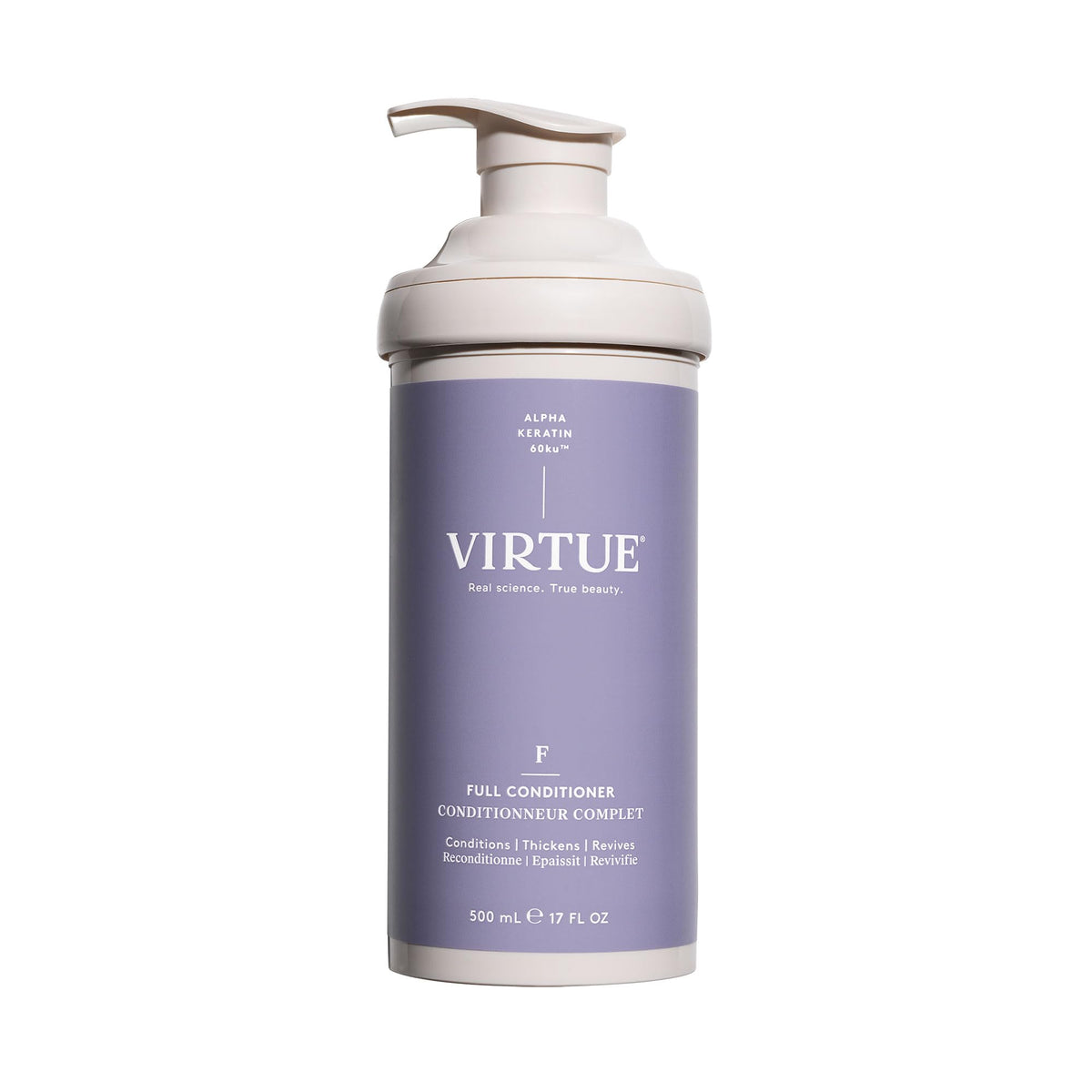 VIRTUE Full Volumizing Conditioner bottle pouring for lightweight lift on fine hair.
