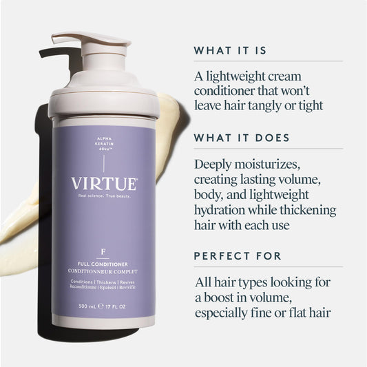 VIRTUE Full Conditioner being applied to hair for added body without heaviness.