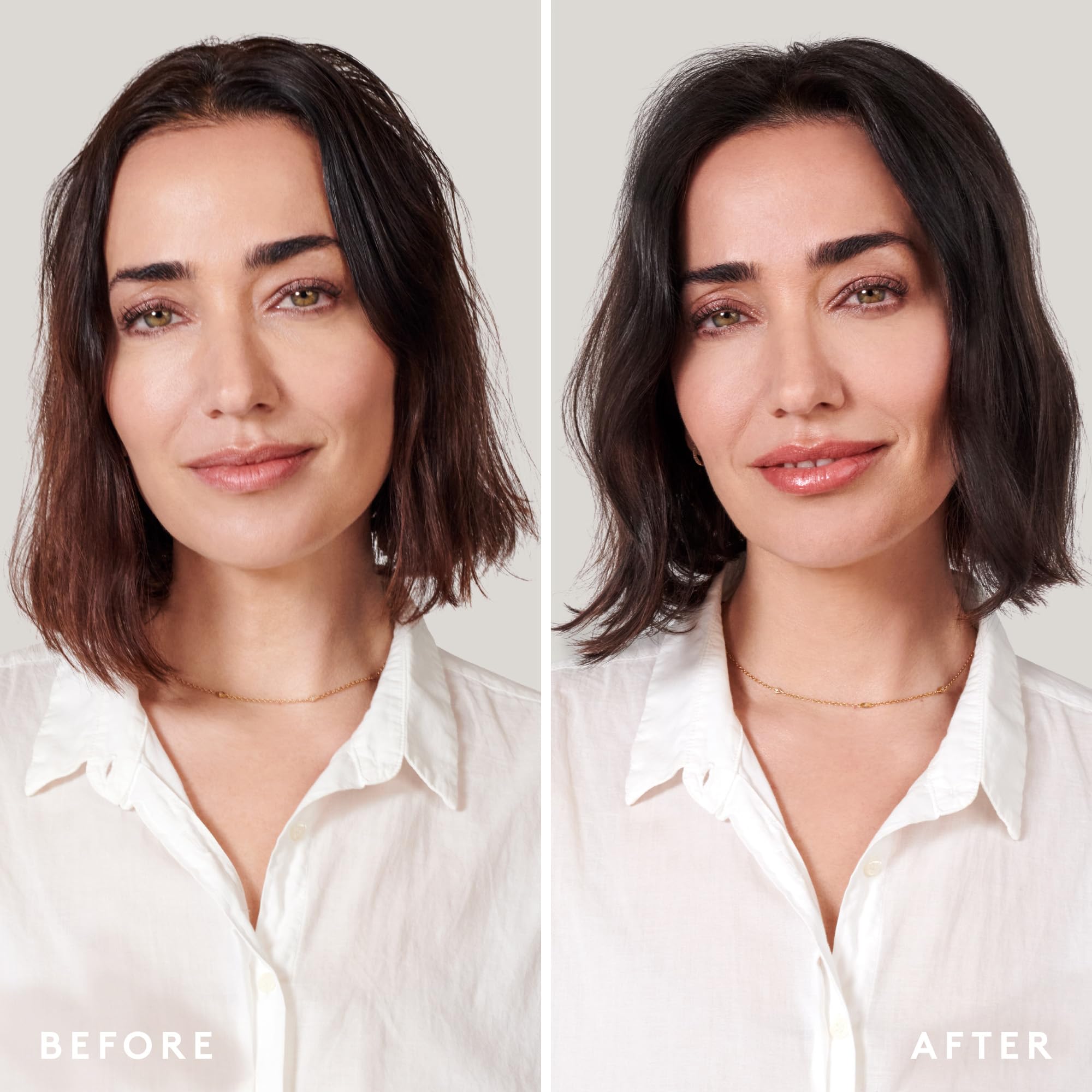 Hair strands with visible volume after using VIRTUE Full Volumizing Conditioner.