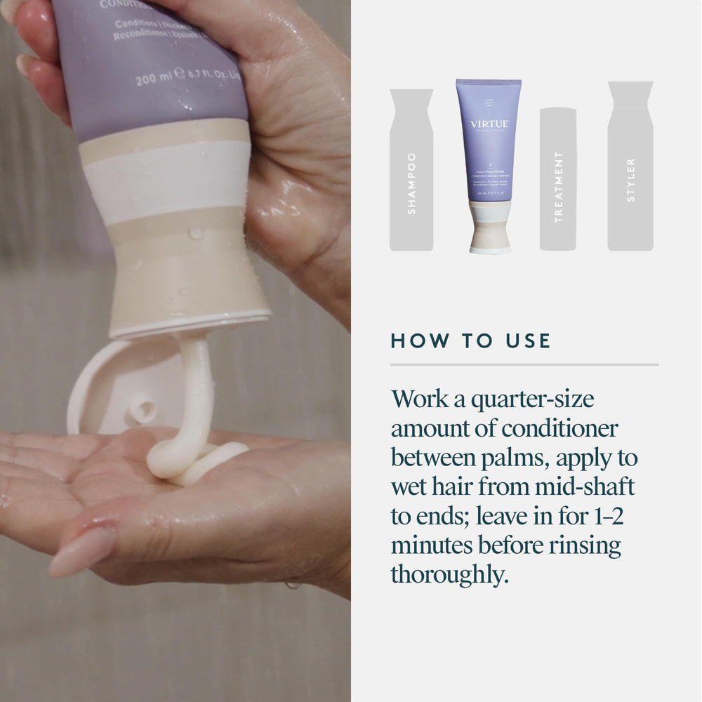 VIRTUE conditioner bottle on a shelf with a glossy finish.