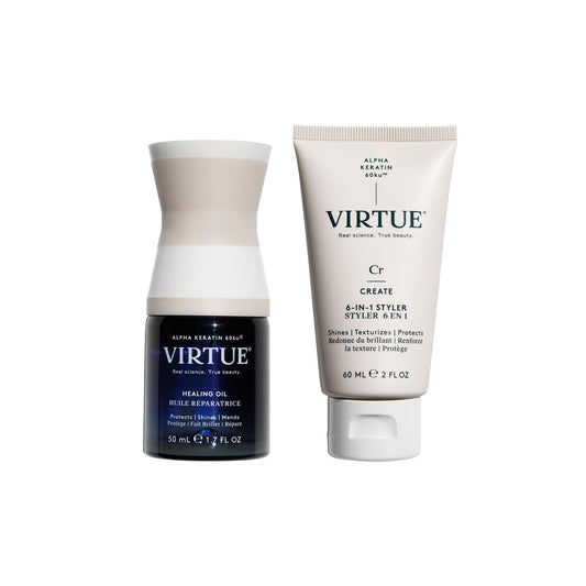 VIRTUE Healing Hair Oil bottle close-up showing repair and shine potential.