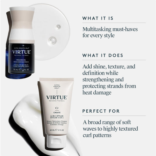 VIRTUE Healing Hair Oil repairing damaged hair for smoother, stronger strands.