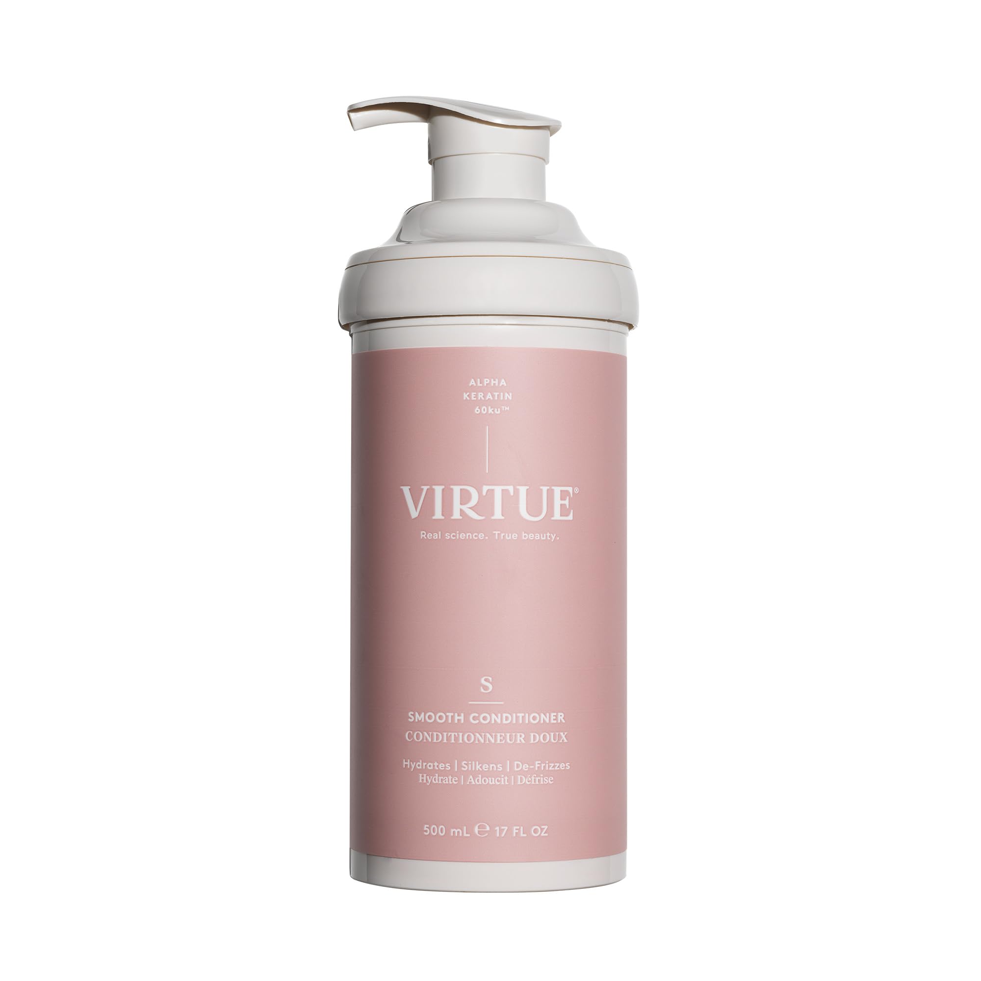 Virtue Smooth Conditioner bottle closeup showing frizz control and hydration.