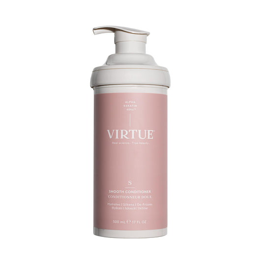 Virtue Smooth Conditioner bottle closeup showing frizz control and hydration.