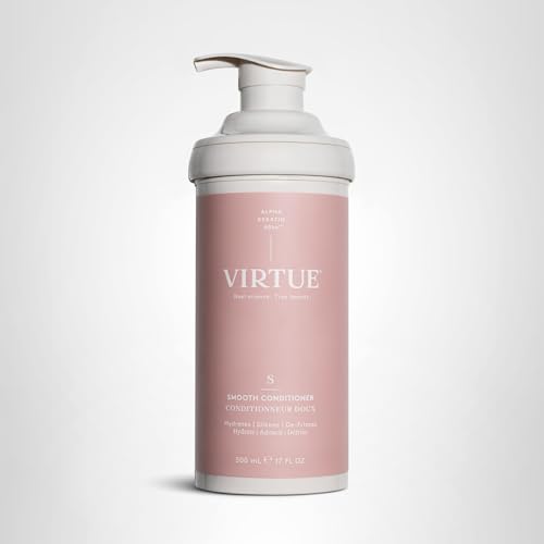 Virtue Smooth Conditioner bottle on bathroom shelf ready for daily routine.