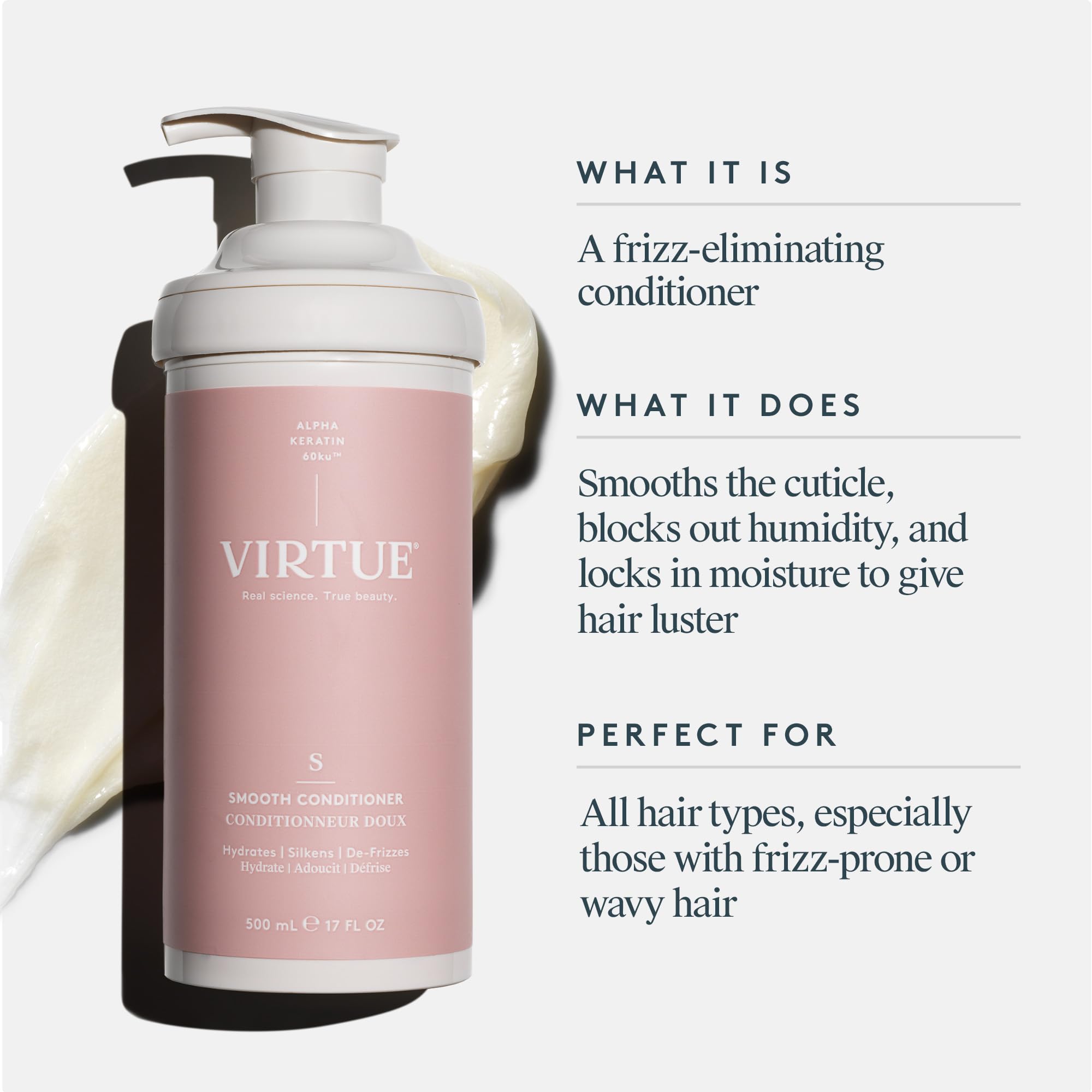 Virtue Smooth Conditioner pour action illustrating even distribution and smoothing.