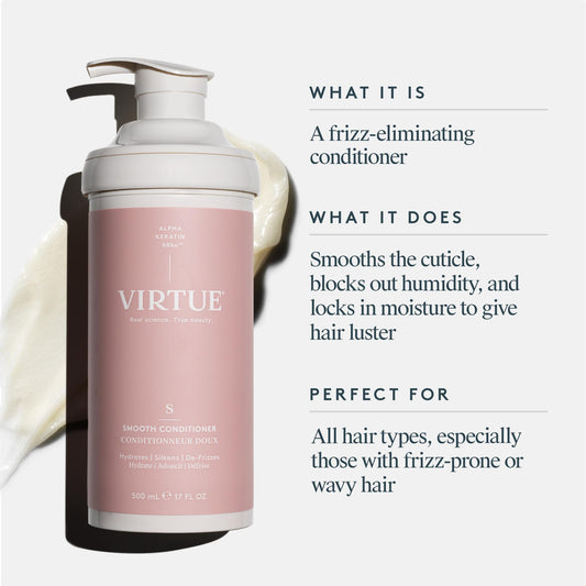 Virtue Smooth Conditioner pour action illustrating even distribution and smoothing.