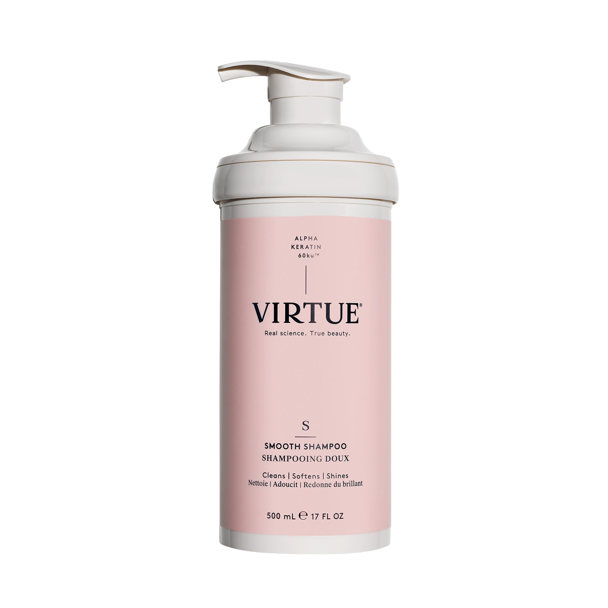VIRTUE Smooth Shampoo bottle pour showing gentle cleansing for frizzy hair