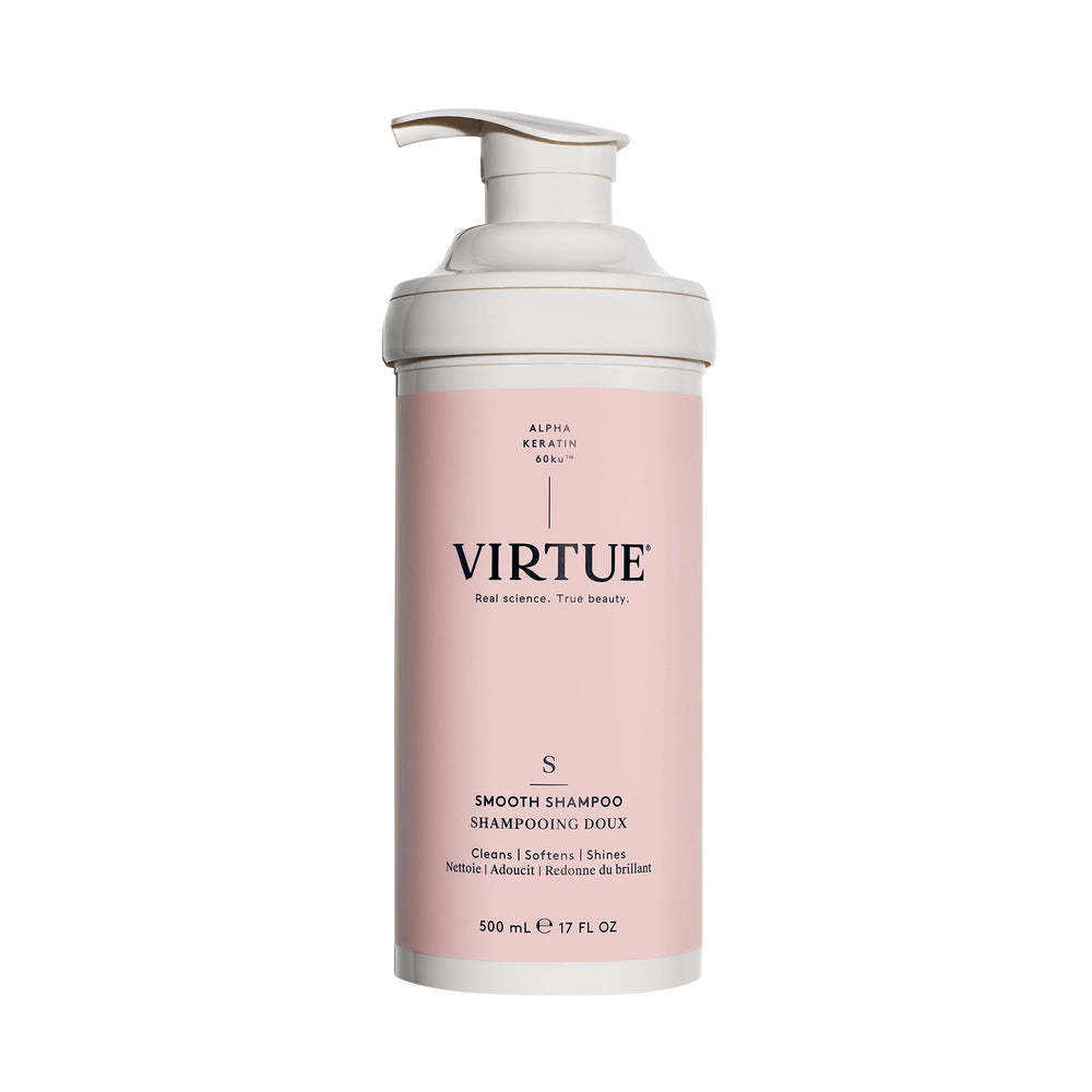 VIRTUE Smooth Shampoo bottle pour showing gentle cleansing for frizzy hair