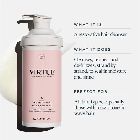 VIRTUE Smooth Shampoo lather closeup highlighting rich foam smoothing strands