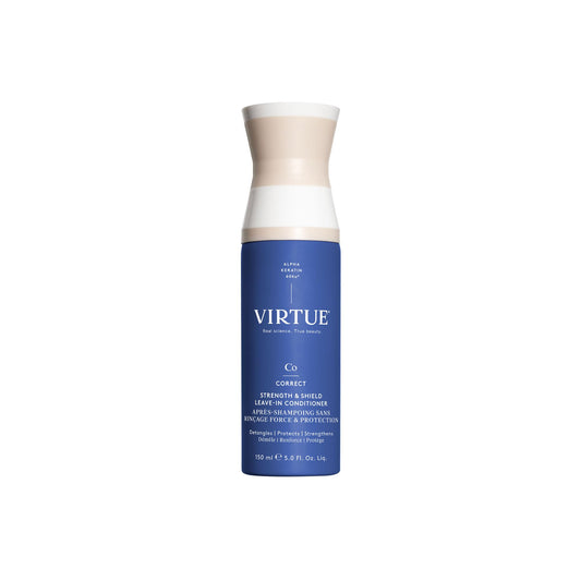 Virtue Strength and Shield leave-in conditioner bottle ready to detangle color-treated hair.