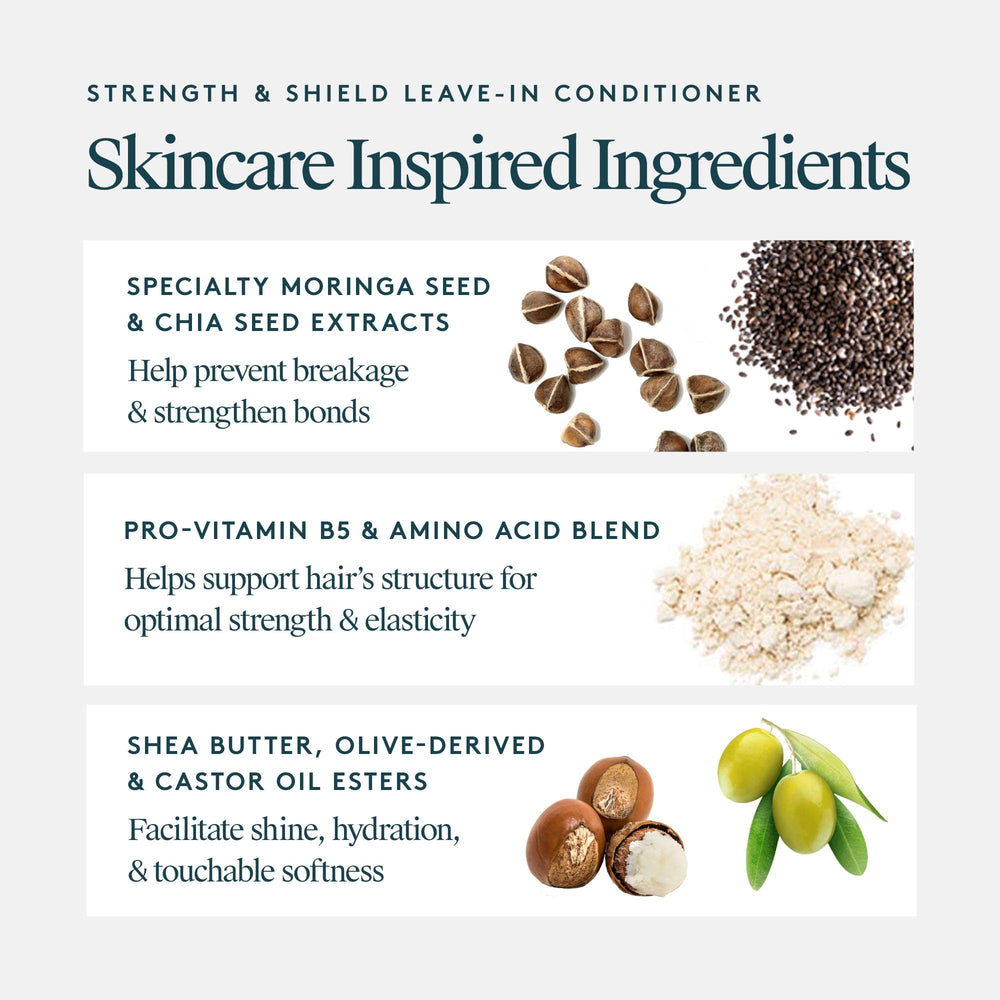 Virtue Strength and Shield conditioner being applied to damp hair for smoothness.