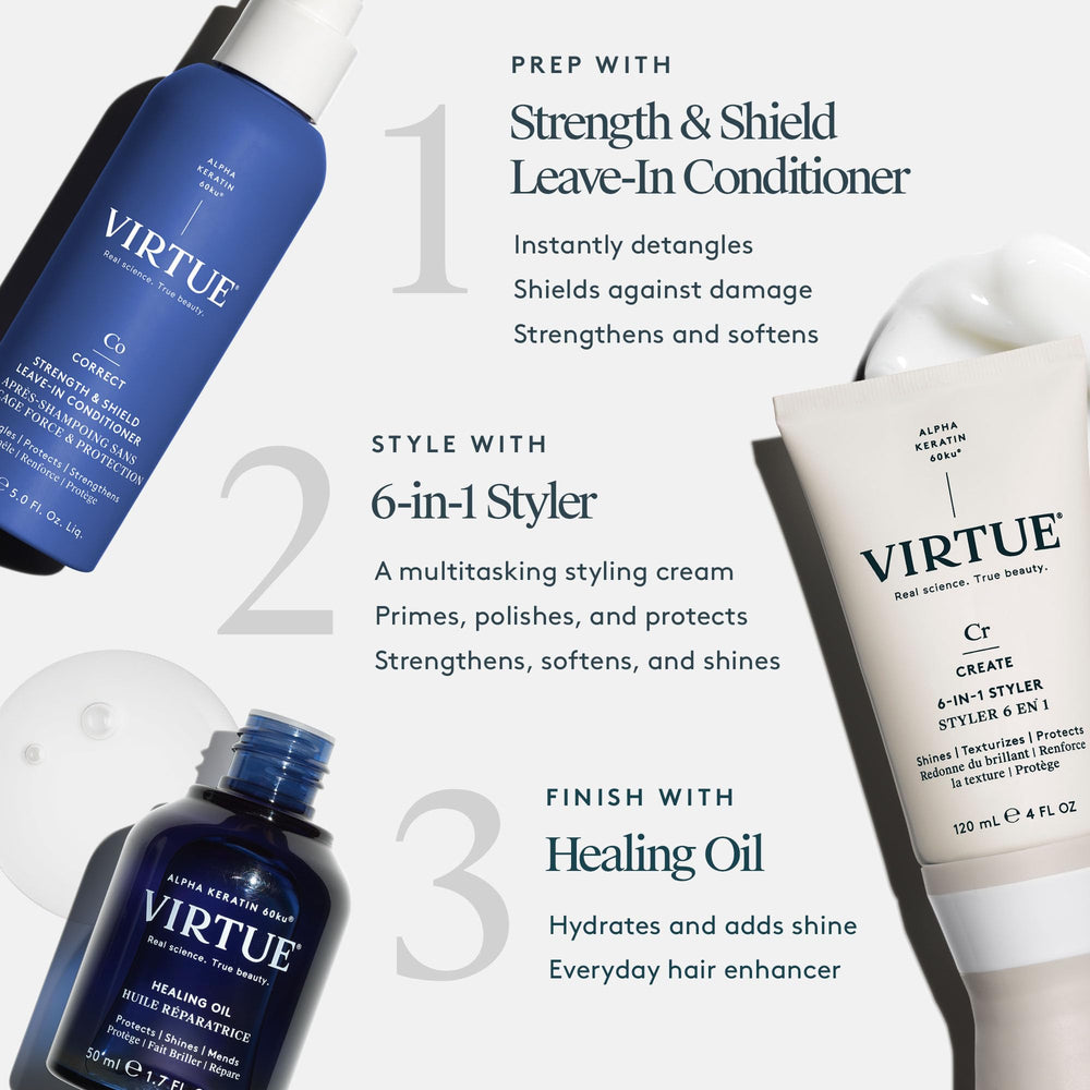 Mid-lengths detangled with Virtue leave-in conditioner for smoother ends.