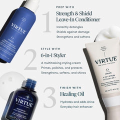 Mid-lengths detangled with Virtue leave-in conditioner for smoother ends.