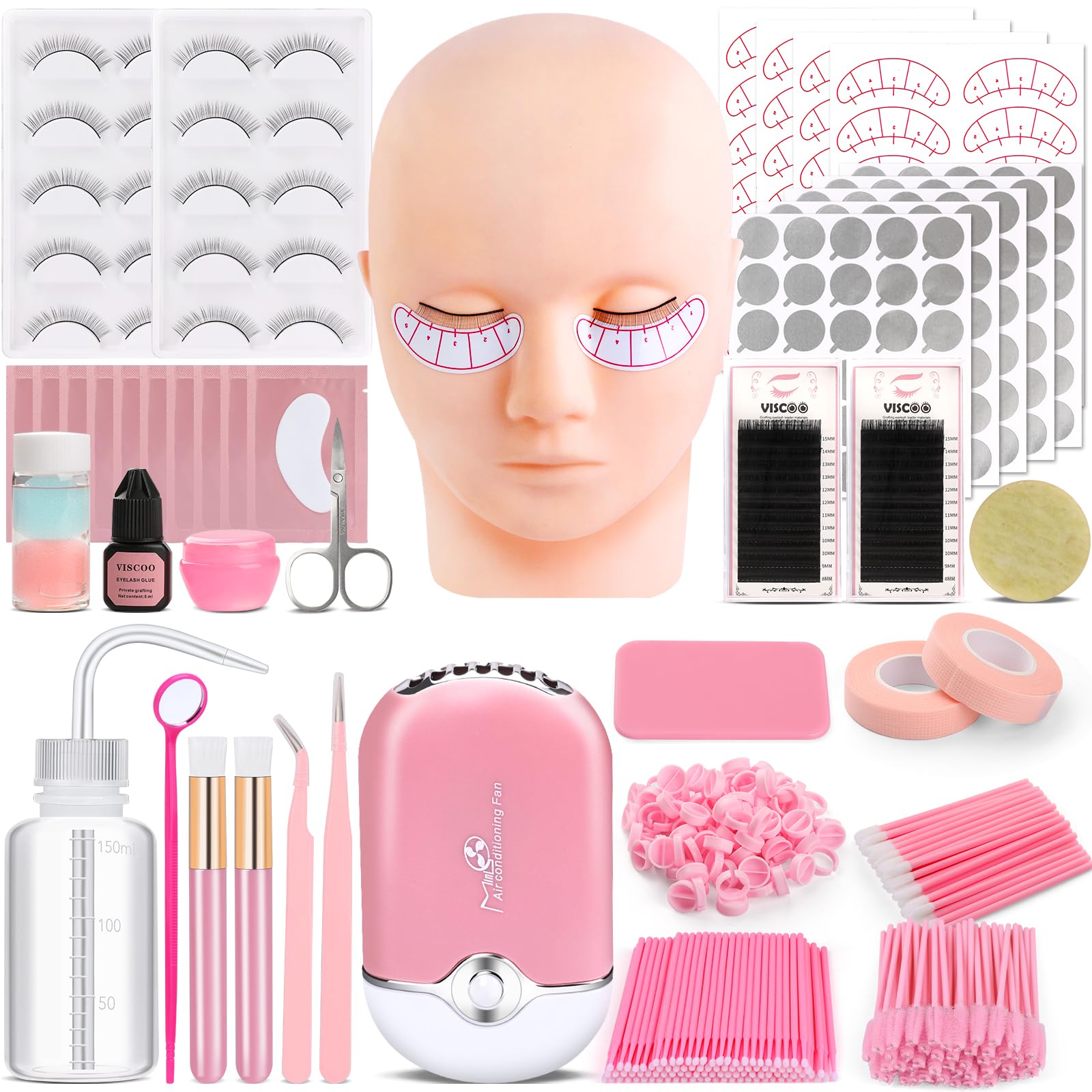 VISCOO eyelash extension kit mannequin head enables realistic practice.