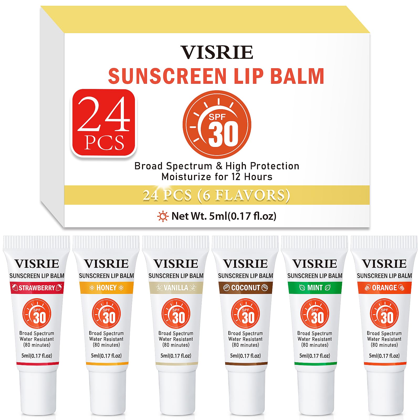 Visrie SPF 30 lip sunscreen in a clear tube for everyday sun protection.