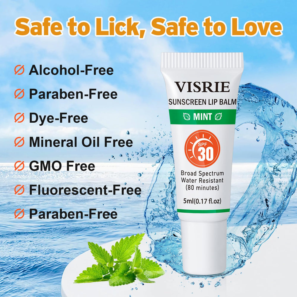 Visrie lip balm enriched with vitamin E and shea butter for hydration.