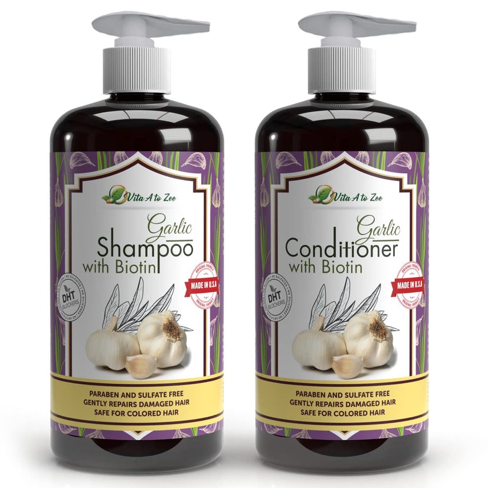 Vita A To Zee garlic shampoo bottle highlighting anti-DHT support for healthier scalp