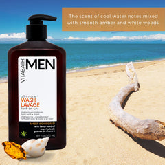 Vitabath Amber Woodland bottle with dual-use label implies all-in-one cleanse, saving time.