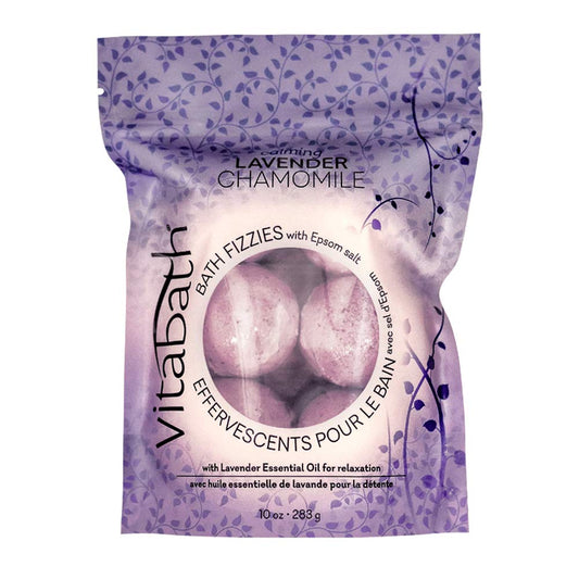 Vitabath Bath Fizzies Lavender Chamomile packaging for a calm bath routine.
