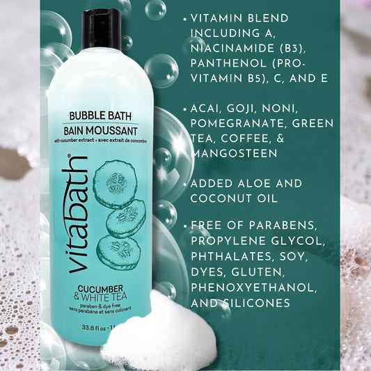 Vitabath Cucumber & White Tea Bubble Bath rich foam for a luxurious soak.