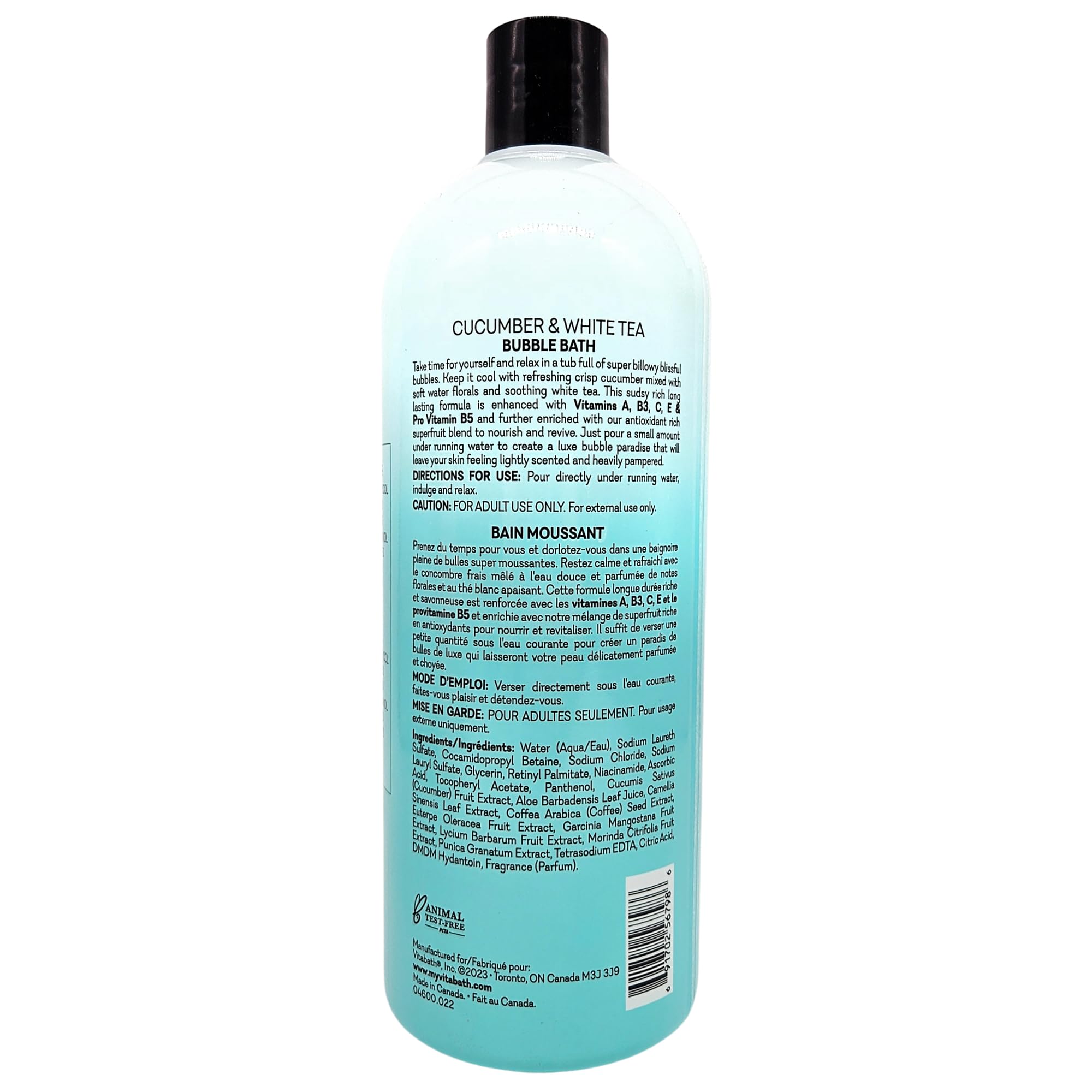Vitabath Cucumber & White Tea Bubble Bath in tub scene for relaxing ritual.