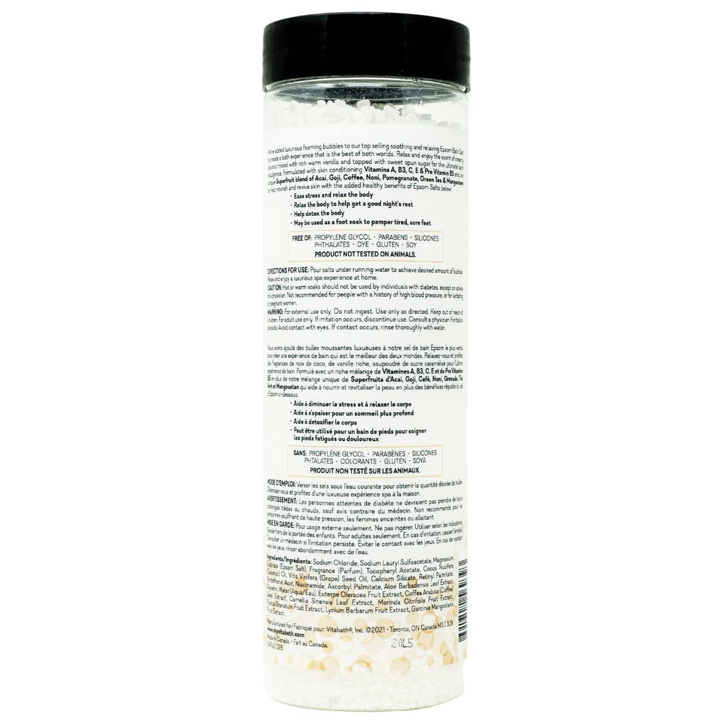 Packaging of Vitabath Heavenly Coconut Creme bath salts in a gift-worthy jar