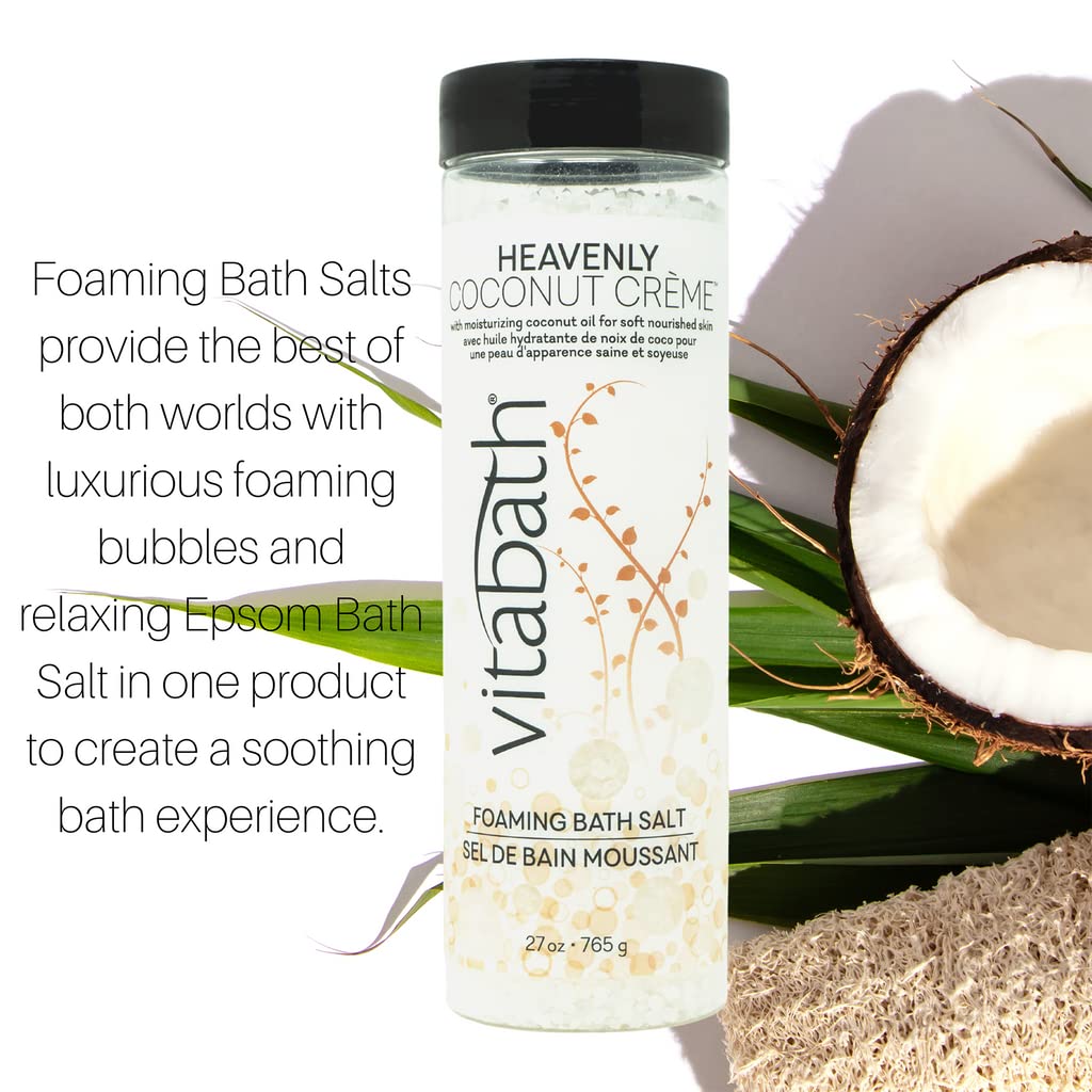 Relaxing bath scene featuring Vitabath Heavenly Coconut Creme bath salts for spa-like unwinding