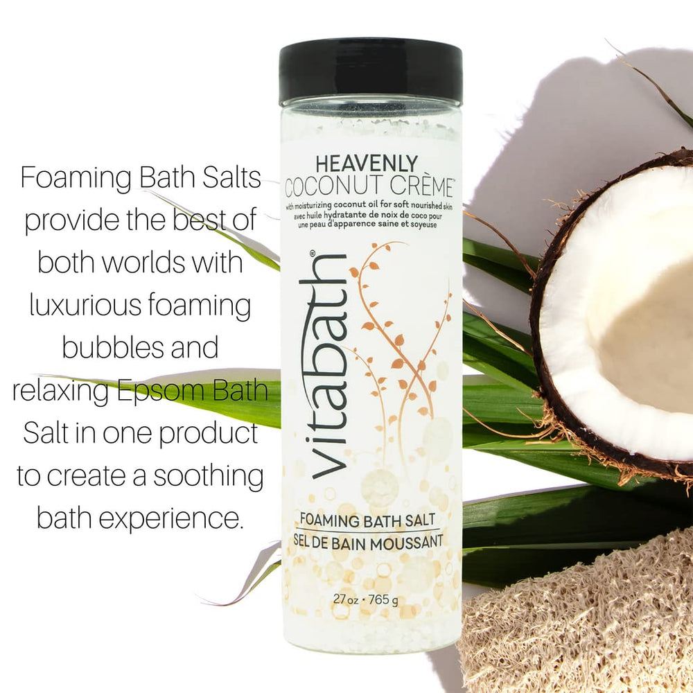 Relaxing bath scene featuring Vitabath Heavenly Coconut Creme bath salts for spa-like unwinding