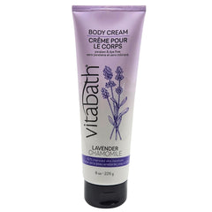 Vitabath Lavender Chamomile body cream bottle highlights soothing hydration for dry skin.