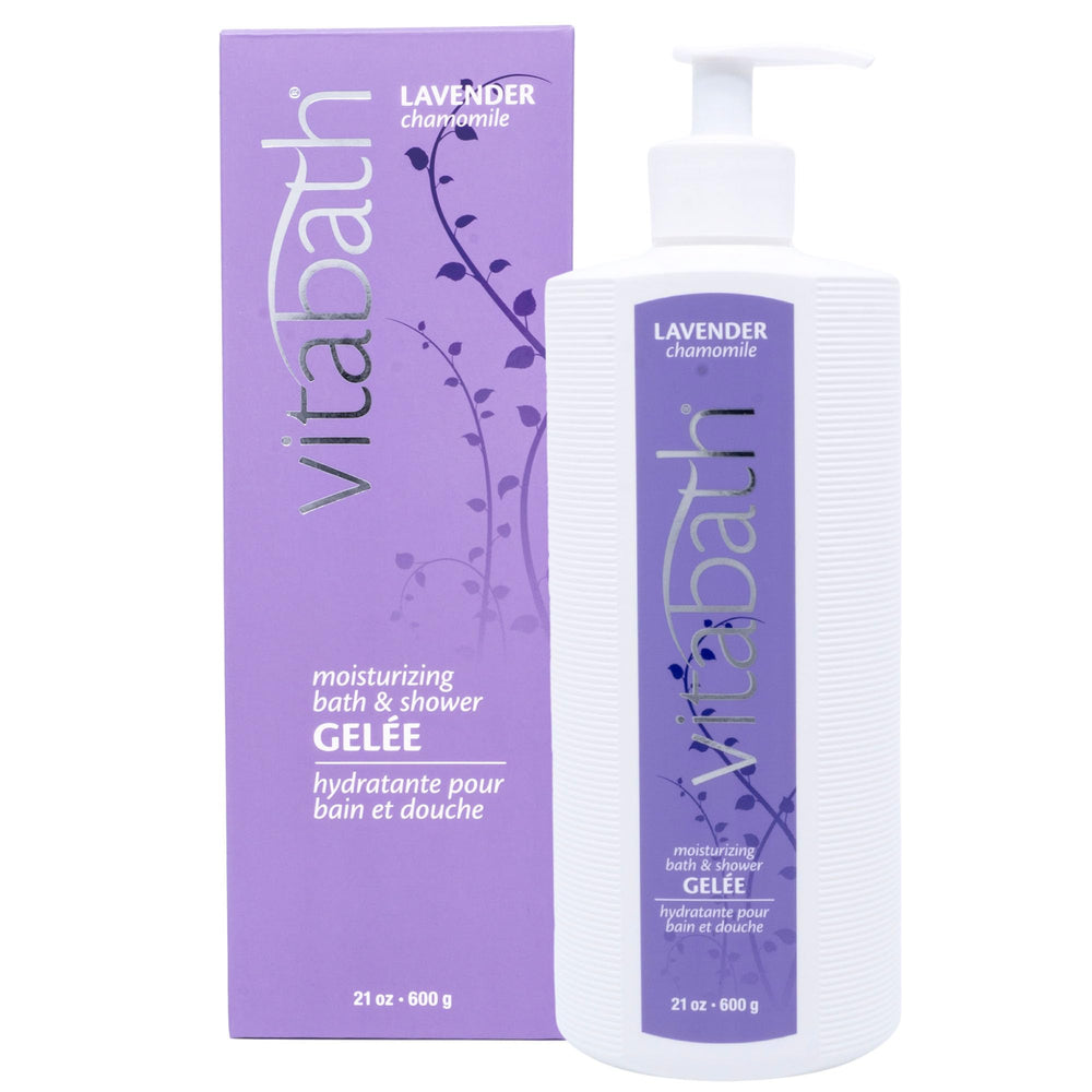 Vitabath Lavender Chamomile bottle showing calming, hydrating formula for daily cleansing.