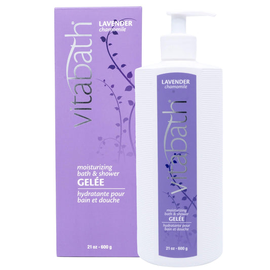 Vitabath Lavender Chamomile bottle showing calming, hydrating formula for daily cleansing.