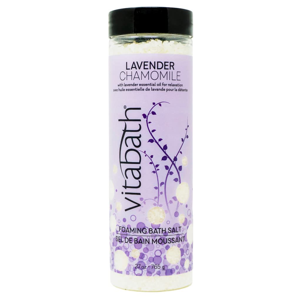 Vitabath Lavender Chamomile foaming bath salts bottle close-up highlights calming scent and skin nourishment.